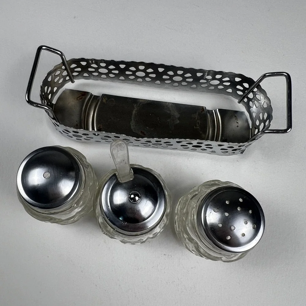 Vintage Condiment Set Glass Jars Metal Caddy Silver Clear Mid Century Tableware